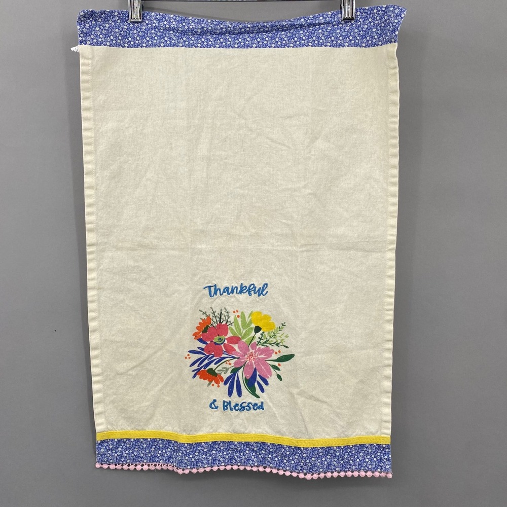 Divinity Boutique Thankful & Blessed Floral Embroidered‎ Cotton Tea Towel Pink